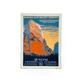Colorful WPA Zion poster by Ranger Dougs Enterprise featuring scenic Zion National Park landscape artwork.