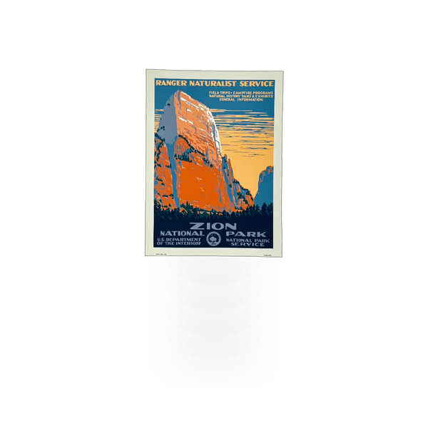 Colorful WPA Zion poster by Ranger Dougs Enterprise featuring scenic Zion National Park landscape artwork.