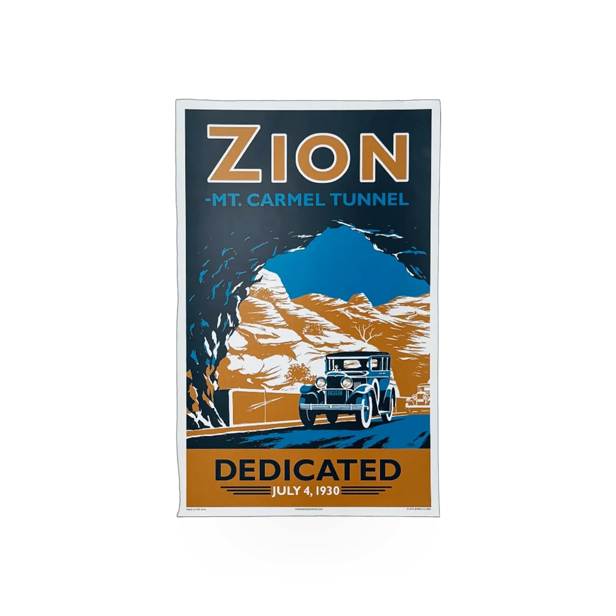 John Clark Zion Tunnel poster featuring a vibrant image of the famous Zion National Park tunnel and surrounding landscape.