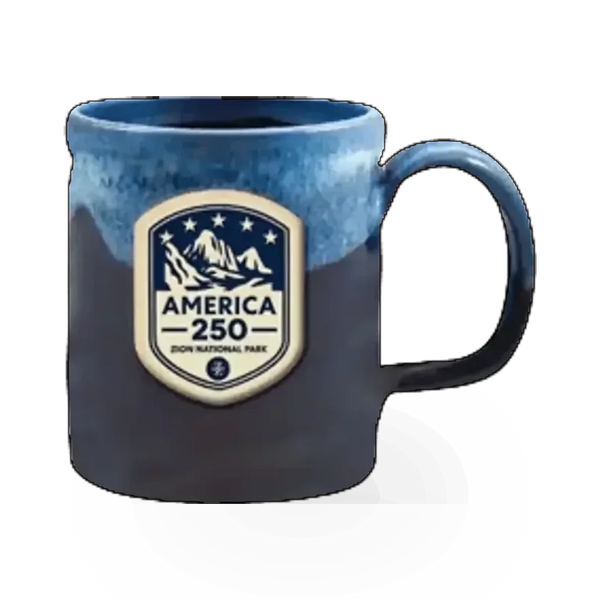 Deneen Pottery Deneen America 250 themed ceramic mug with a detailed design, white interior, and sturdy handle.