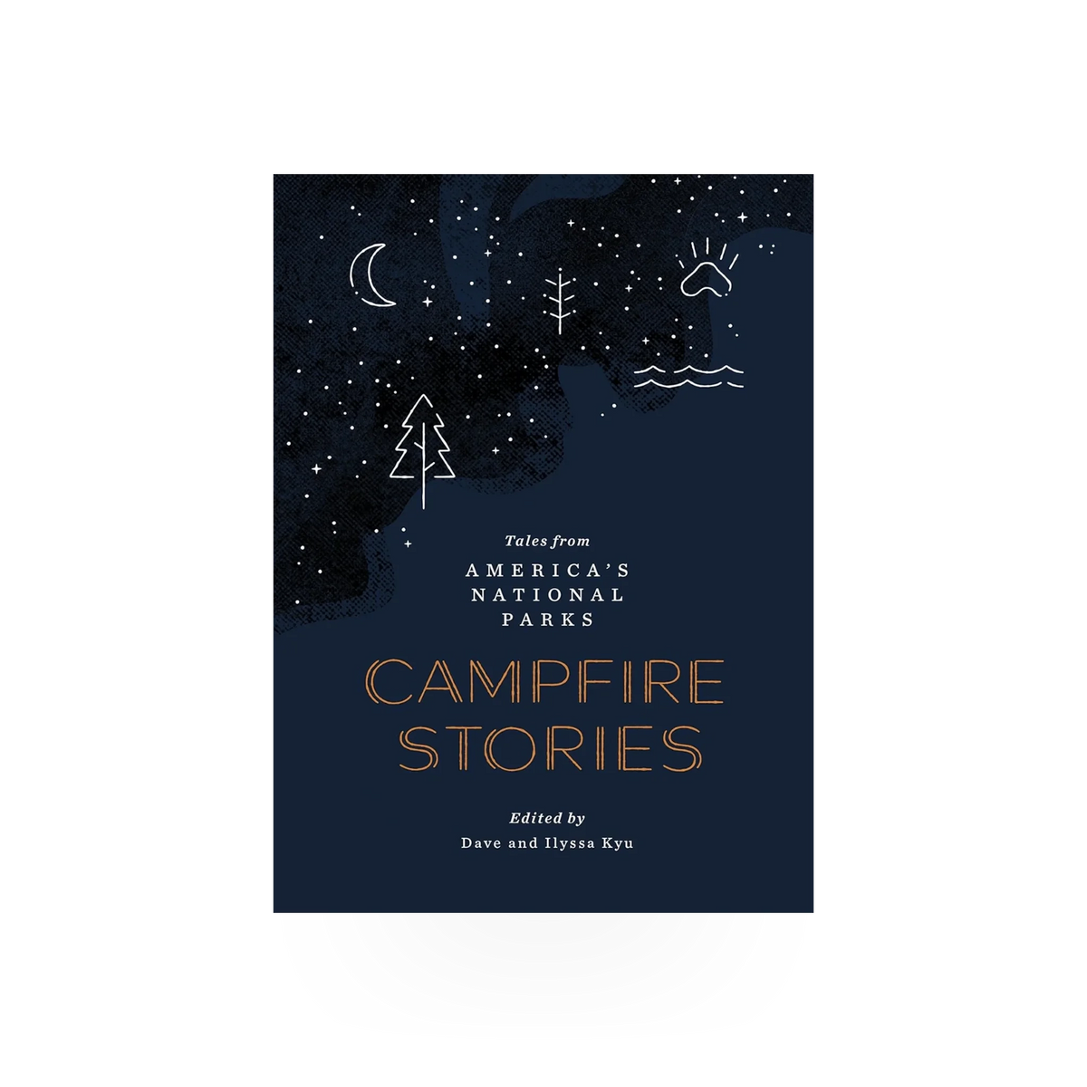 Open book titled "Campfire Stories" by Mountaineers Books, featuring illustrated pages and cozy camping scene.