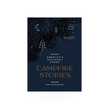 Open book titled "Campfire Stories" by Mountaineers Books, featuring illustrated pages and cozy camping scene.