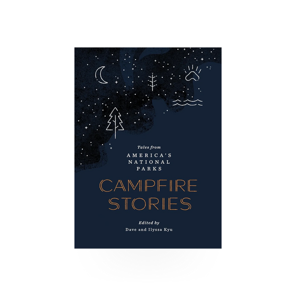 Open book titled "Campfire Stories" by Mountaineers Books, featuring illustrated pages and cozy camping scene.