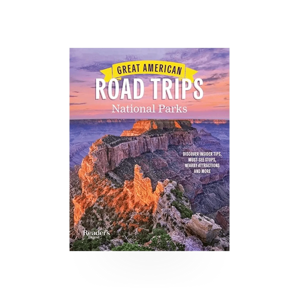 Cover image of the "Great American Road Trips National Parks" book by Simon & Schuster, featuring scenic national park landscapes.