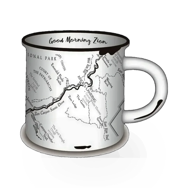 McGovern Maps Good Morning Zion National Park theme mug with scenic Zion imagery and bold text, perfect for outdoor enthusiasts.