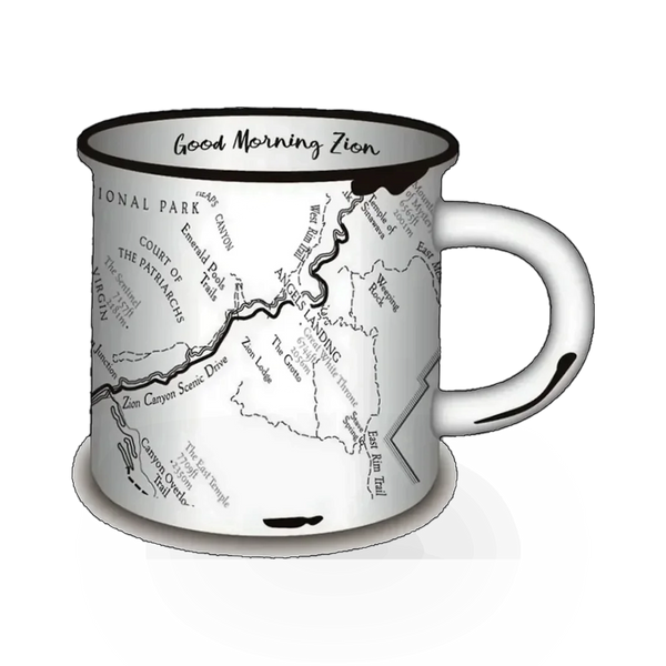White ceramic mug featuring a "Good Morning Zion Natl Park" theme with colorful park imagery and McGovern Maps branding.