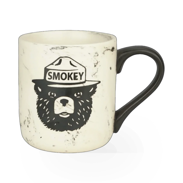 Impact Photographics marble Smokey Bear mug with a smoky gray and white marble design, showcasing the themed ceramic mug.