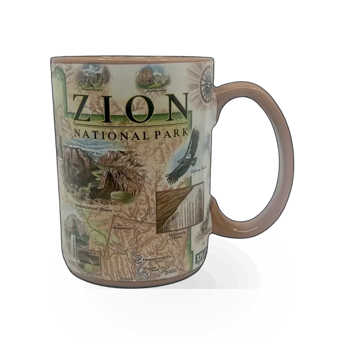 Xplorer Maps themed mug featuring a detailed Zion Map design, ideal for outdoor enthusiasts and map lovers.