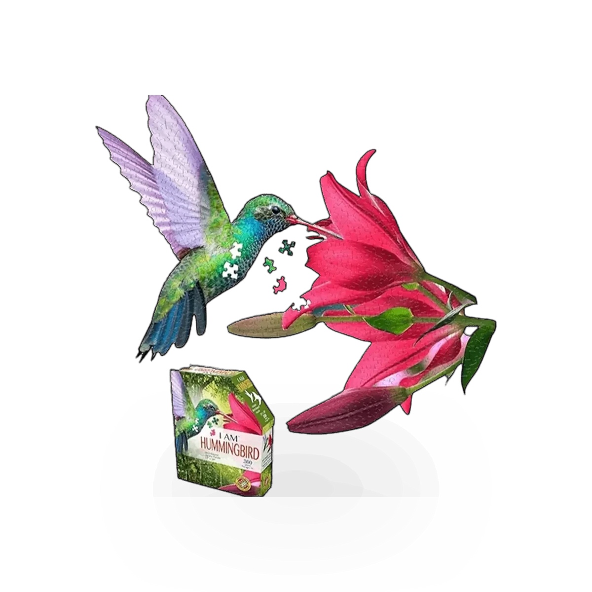 300-piece I Am Hummingbird puzzle by Madd Capp Games featuring a vibrant hummingbird illustration.