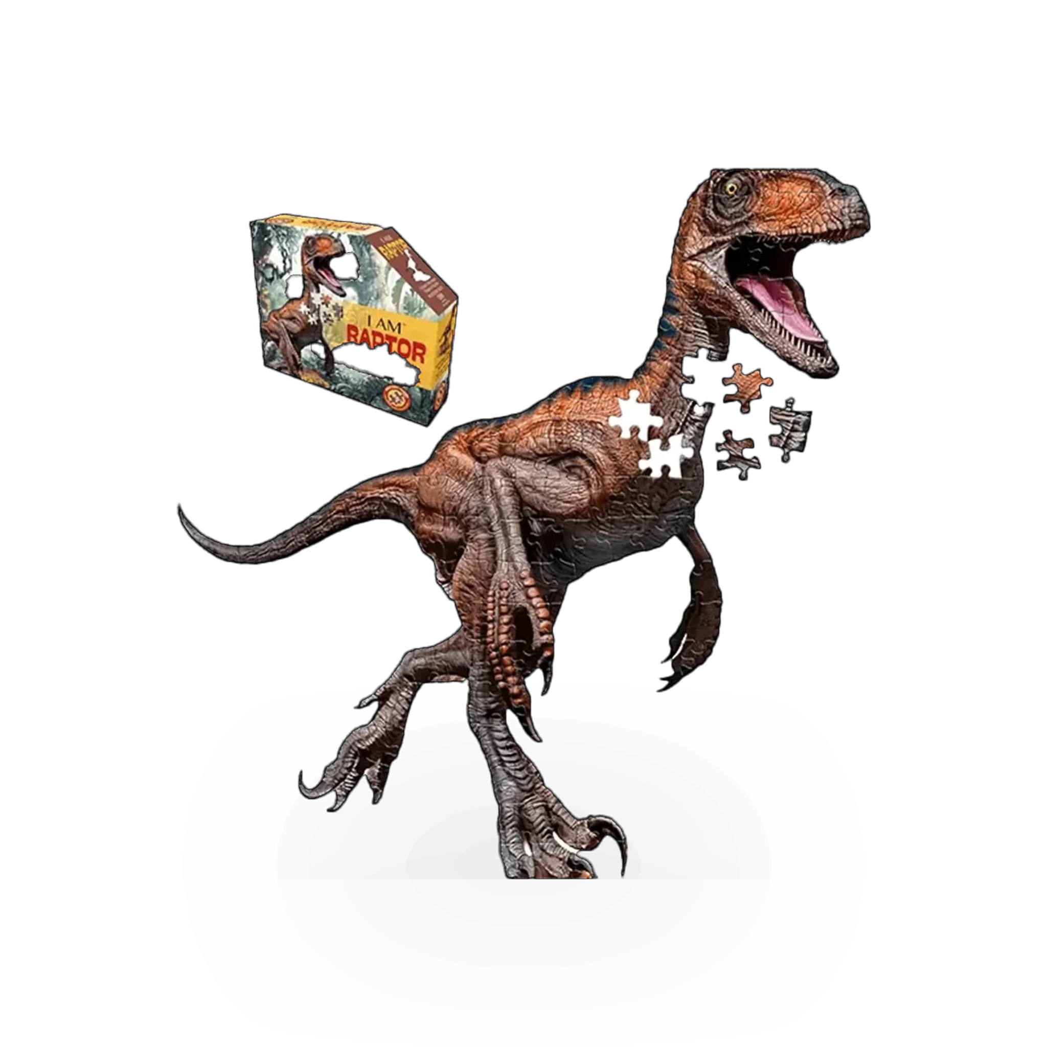 Jigsaw puzzle titled "I Am Raptor" by Madd Capp Games featuring colorful dinosaur illustration on assembled puzzle pieces.