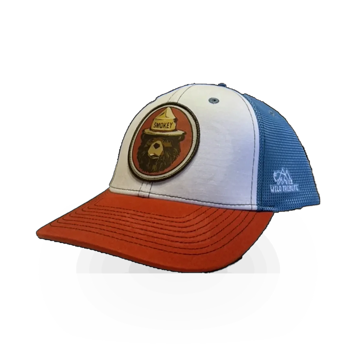 Vintage Smokey Bear themed hat in rust and blue by Wild Tribute, featuring classic forest ranger design and adjustable strap.