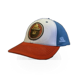 Vintage Smokey Bear themed hat in rust and blue by Wild Tribute, featuring classic forest ranger design and adjustable strap.