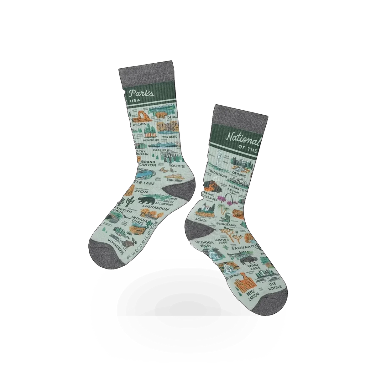Colorful McGovern Maps National Parks themed sock featuring scenic park illustrations and nature-inspired designs.
