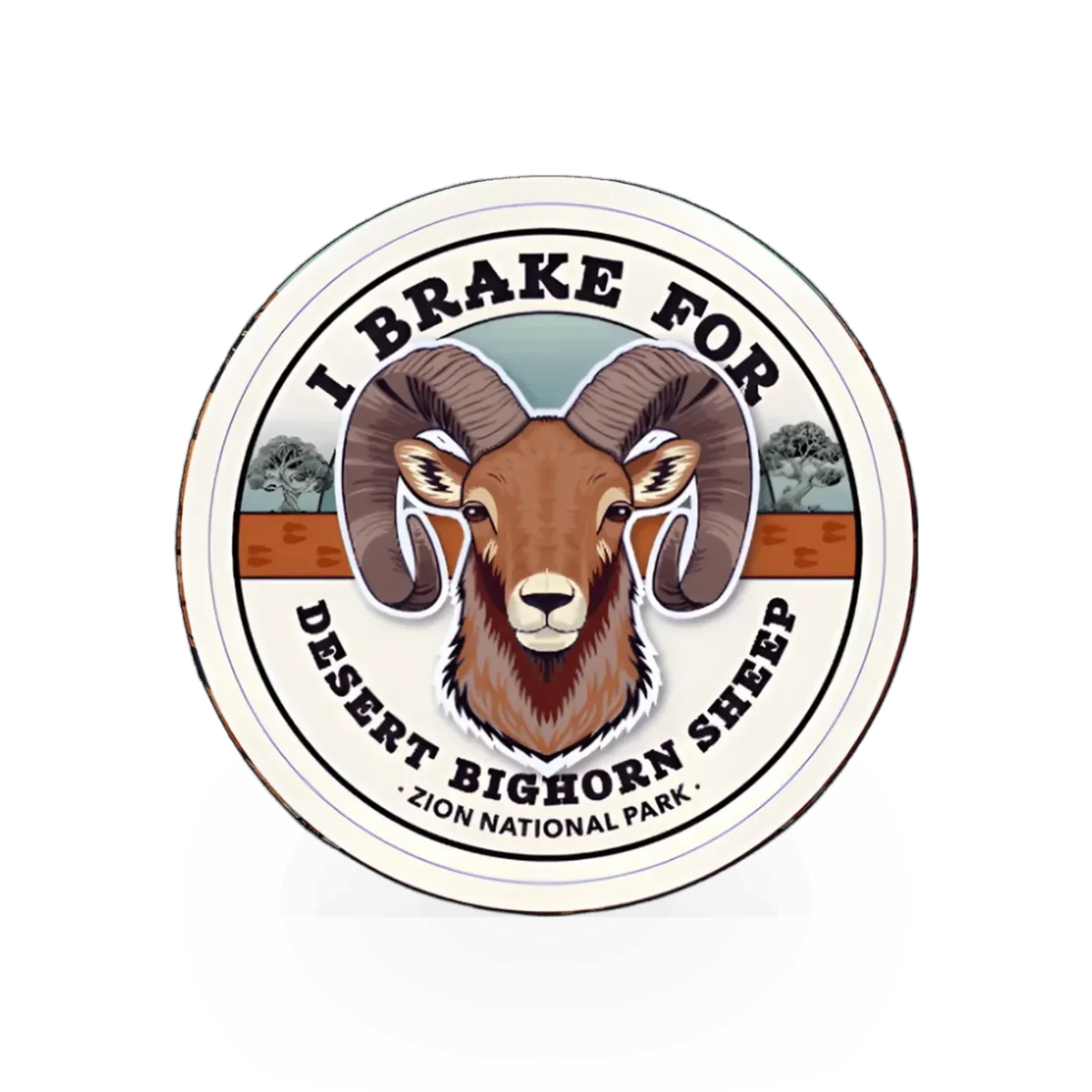 My Travel Stickers I Brake for Bighorn Sheep sticker featuring a bighorn sheep illustration on a white background
