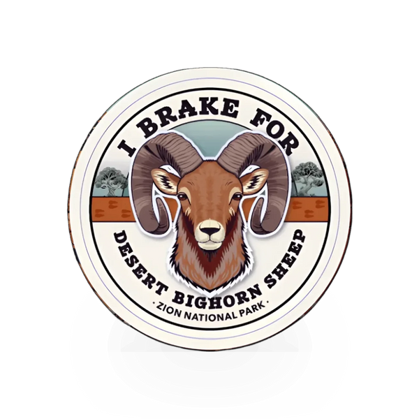 My Travel Stickers "I Brake for Bighorn Sheep" vinyl sticker featuring a bighorn sheep illustration for outdoor enthusiasts.