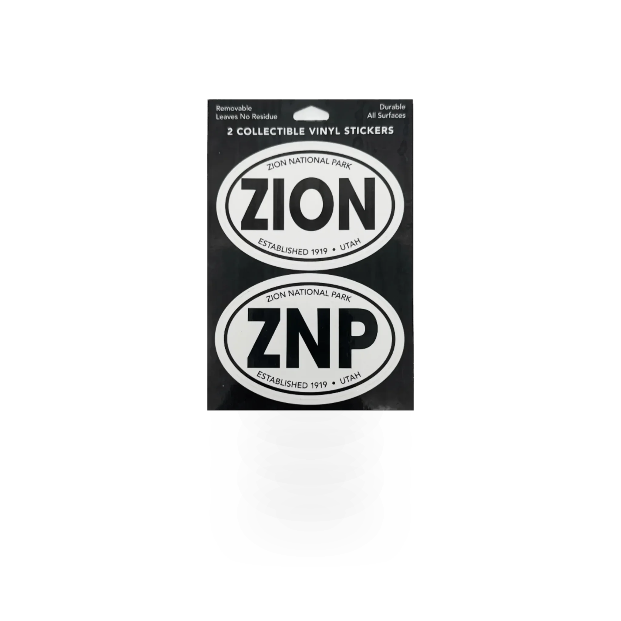 Black and white oval sticker set featuring two Zion-themed designs by Impact Photographics, suitable for decorating or crafts.