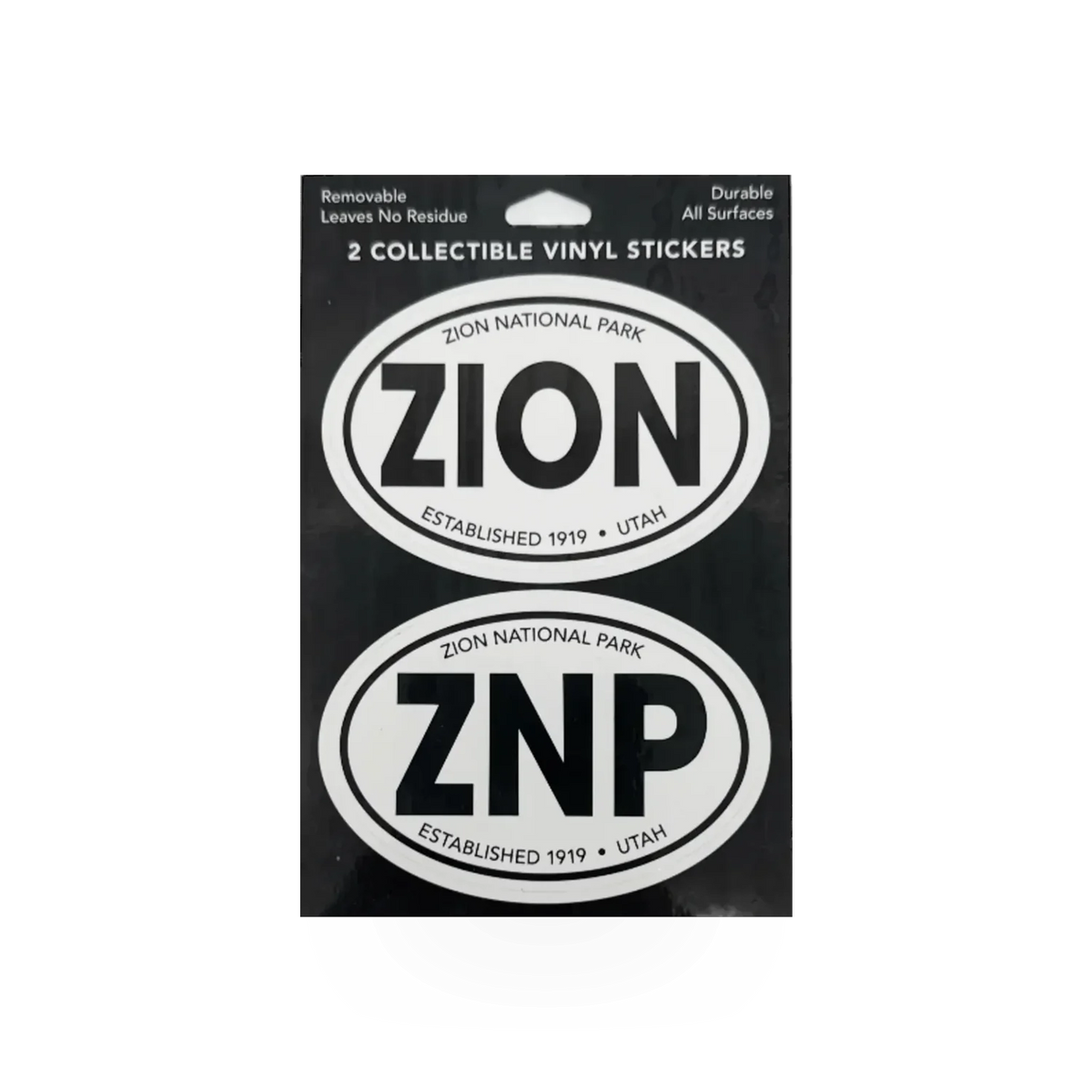 Black and white oval sticker set featuring two Zion-themed designs by Impact Photographics, suitable for decorating or crafts.