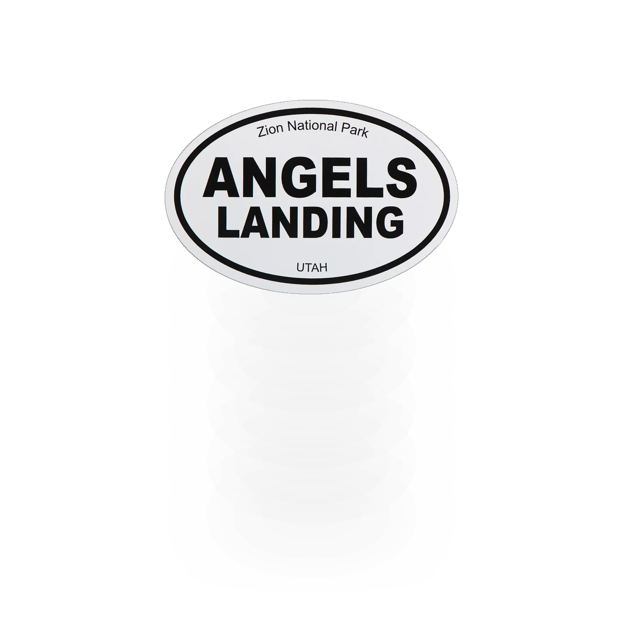 Oval black and white sticker featuring Angels Landing design by Impact Photographics, perfect for decorating any surface.