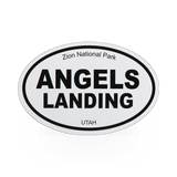 Oval black and white sticker featuring Angels Landing design by Impact Photographics, perfect for decorating any surface.