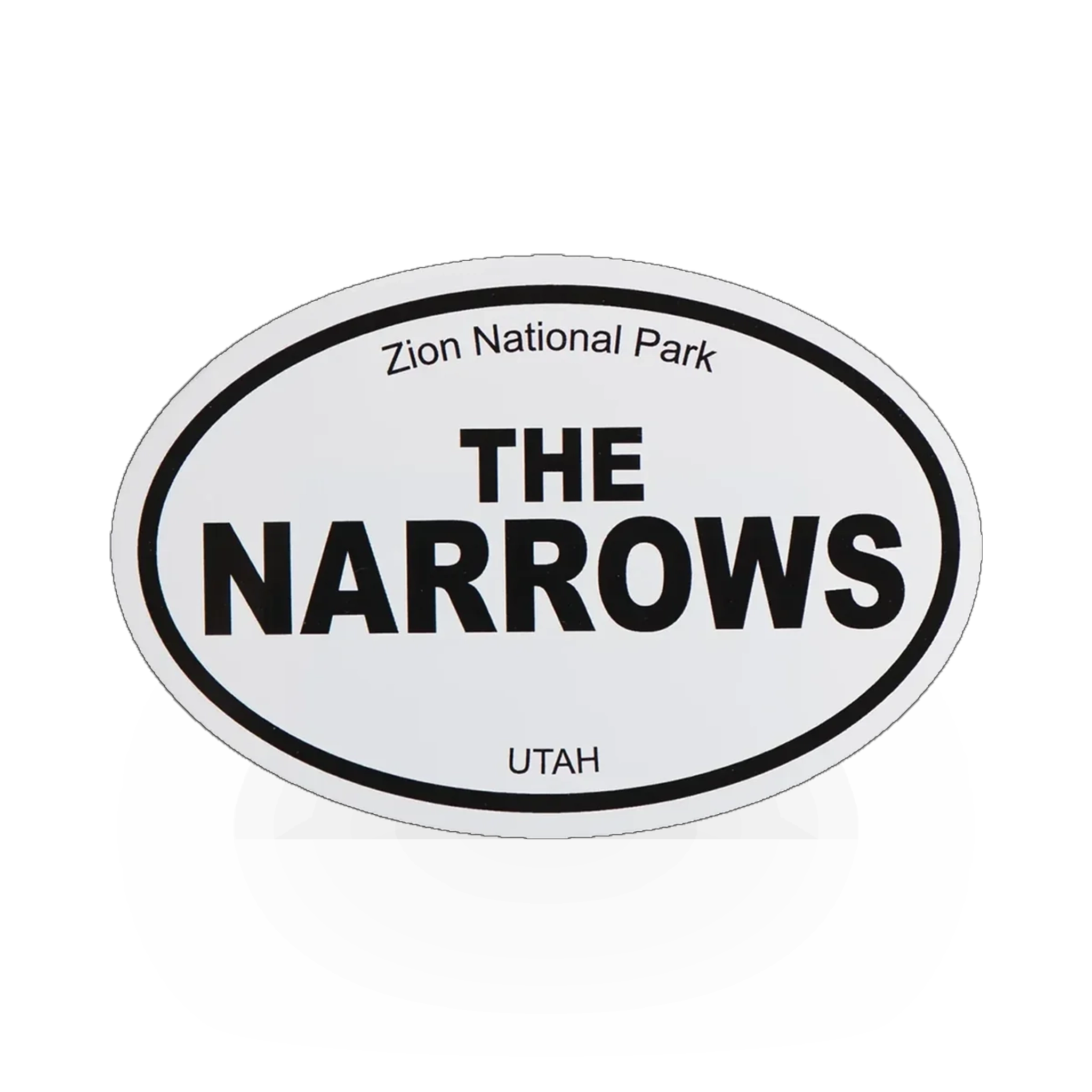 Black and white oval sticker with narrows design from Impact Photographics, featuring a sleek, minimalist look.