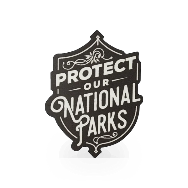 Sticker featuring "Protect Our Parks" message by Lantern Press, showcasing a nature-themed design for environmental awareness.