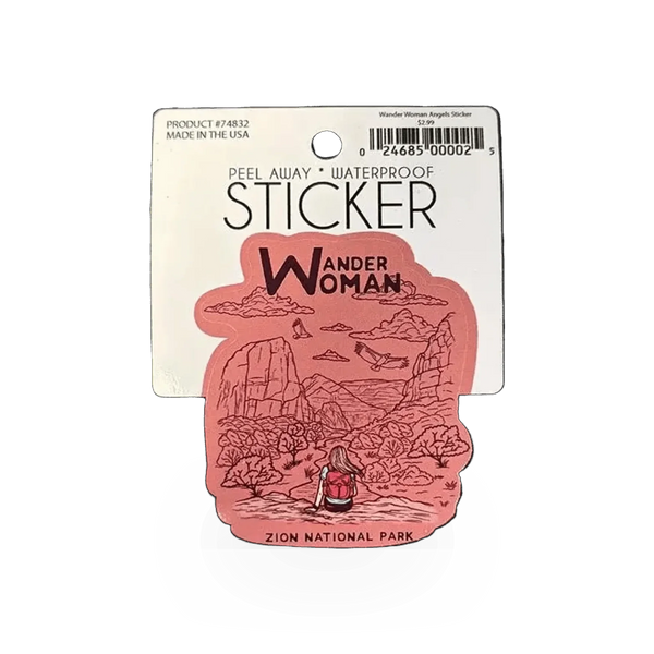 Wander Woman sticker by Inspiration Graphics featuring a colorful, artistic illustration of a confident woman with a backpack.