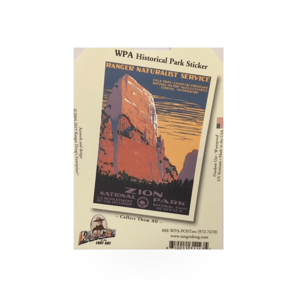WPA Zion art sticker by Ranger Dougs Enterprise featuring vibrant Zion National Park landscape design.