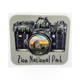 American Backcountry Zion Camera Click sticker featuring a colorful camera design on a durable vinyl surface.