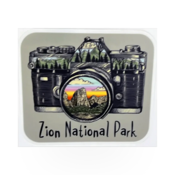 American Backcountry Zion Camera Click sticker featuring a colorful camera design on a durable vinyl surface.
