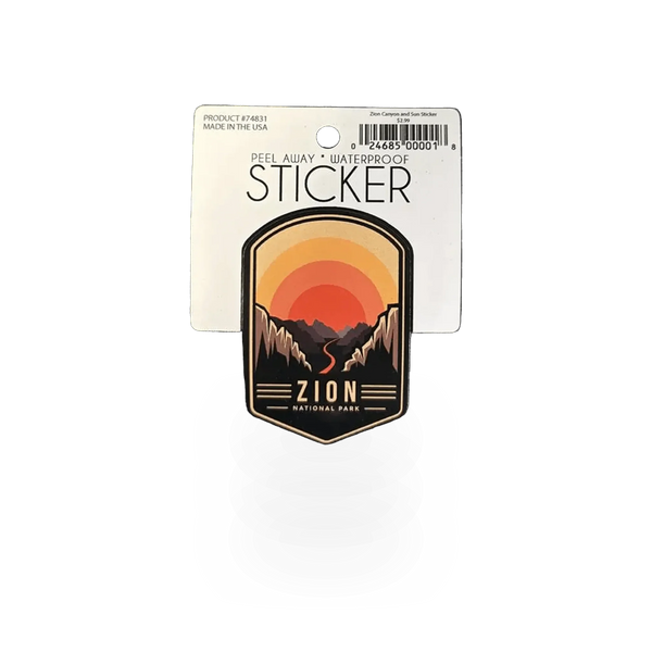 Inspiration Graphics Zion Canyon and Sun sticker featuring a scenic canyon landscape with a bright sun and vibrant colors.