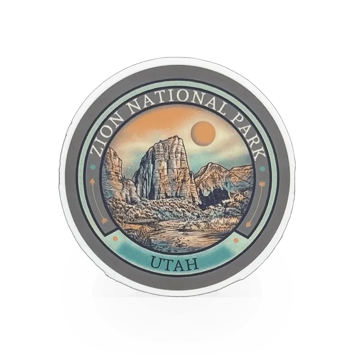 American Backcountry Zion Destination sticker featuring vibrant design of Zion National Park for outdoor enthusiasts.