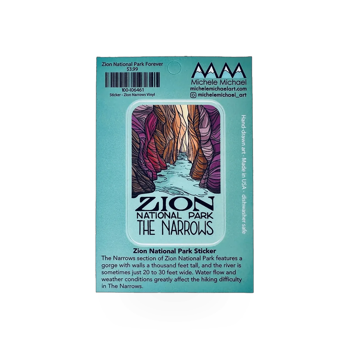 Vinyl sticker featuring Zion Narrows landscape design by Michele Michael Art, showcasing vibrant colors and detailed nature scene.