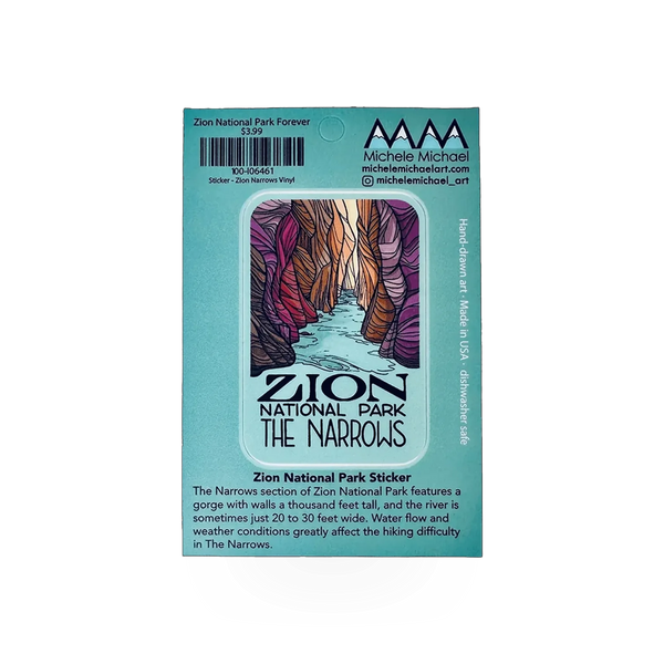 Vinyl sticker featuring Zion Narrows landscape design by Michele Michael Art, ideal for decorating laptops, water bottles, or notebooks.