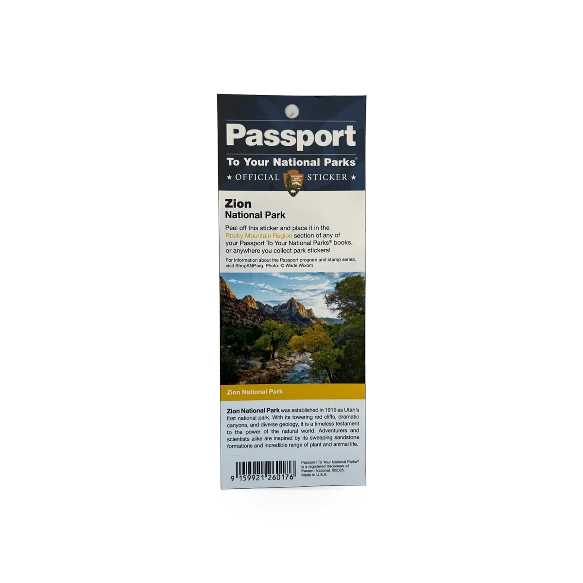 Eastern National Zion National Park passport sticker featuring vibrant design and park imagery for travel and collection.