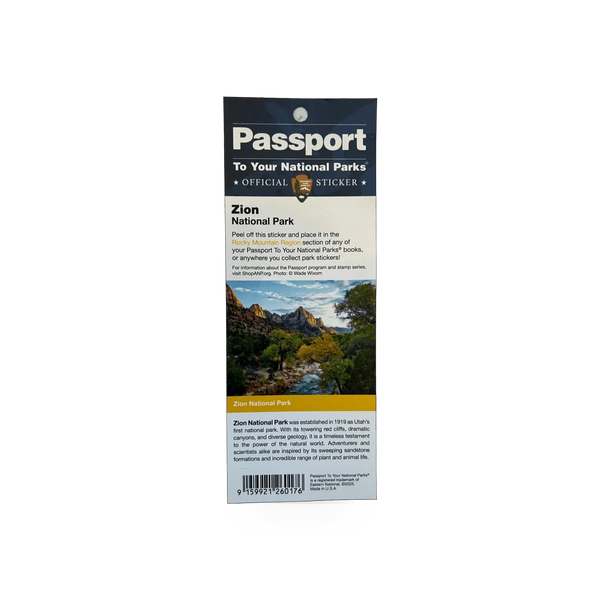 Eastern National Zion National Park passport sticker featuring vibrant design and park imagery for travel and collection.