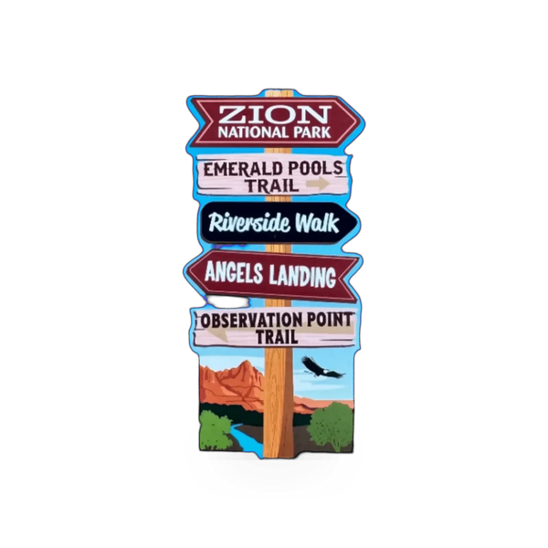 Impact Photographics Zion Trail Sign sticker featuring a trail sign design with white lettering on a dark background.