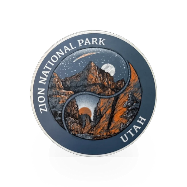 American Backcountry Zion Yin & Yang sticker featuring a black and white yin and yang design on a circular sticker.