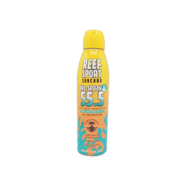 Wilcor International Reef Sport SPF 55.5 Dri-Spray sunscreen, safety product with broad-spectrum sun protection in a spray bottle