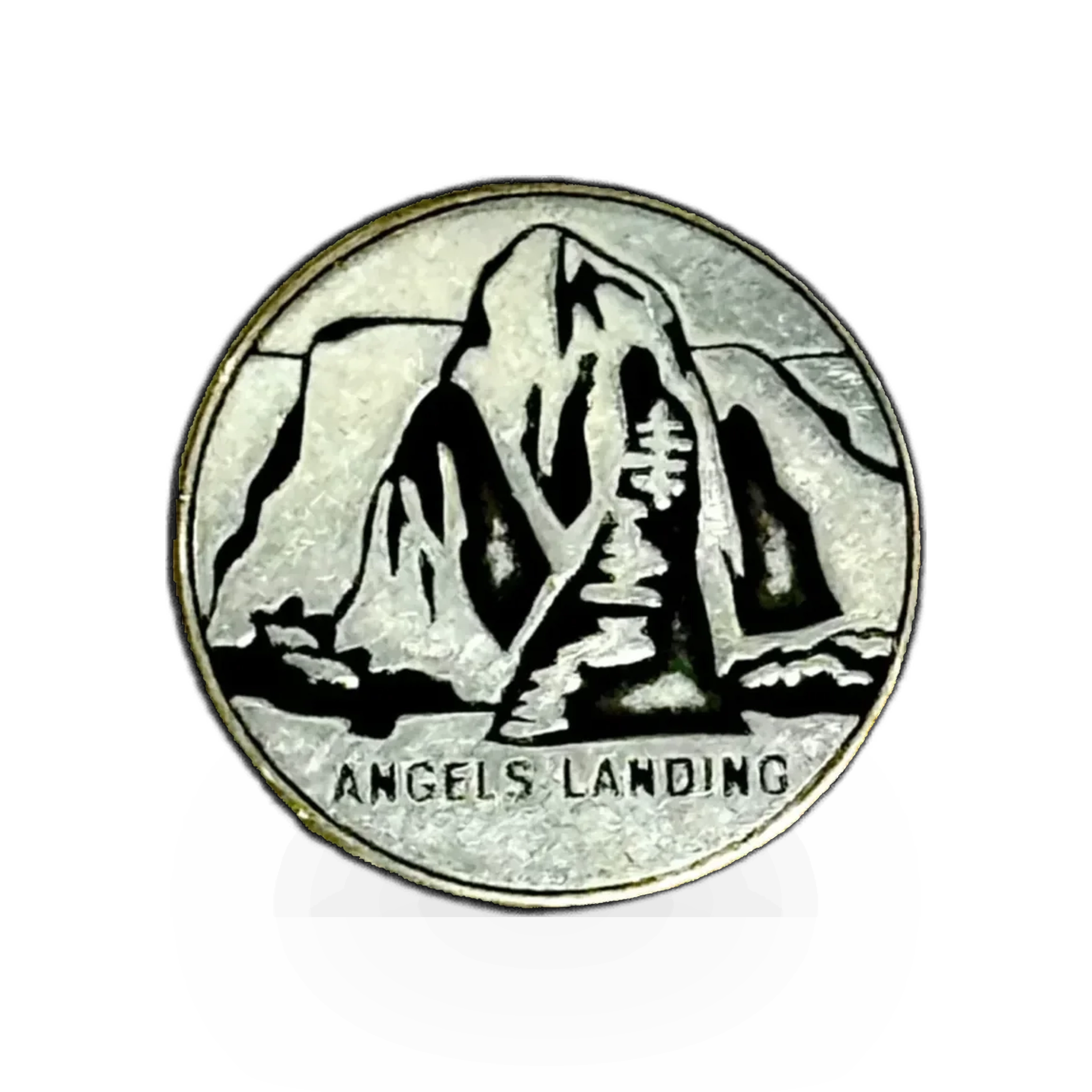 Impact Photographics Token featuring Angels Landing design, showcasing a detailed image of the iconic mountain formation.