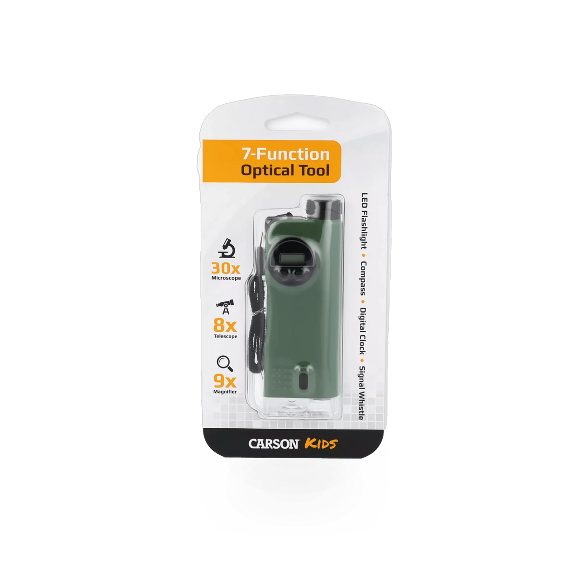 Carson 7-function pocket multi-tool with X-Scope for kids, featuring various tools and a compact design for young explorers.