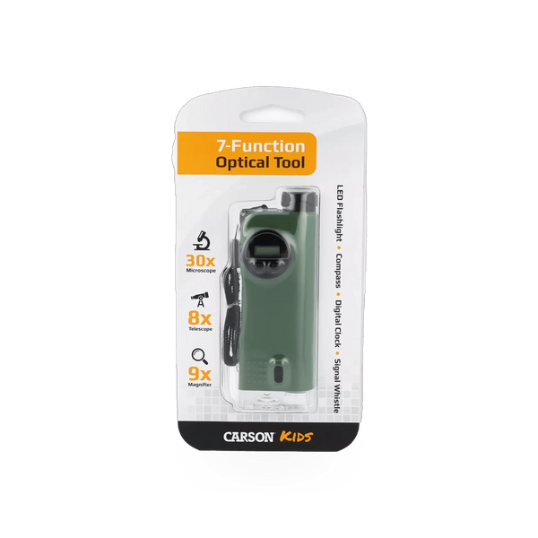 Carson 7-function pocket multi-tool with X-Scope for kids, featuring various tools and a compact design for young explorers.