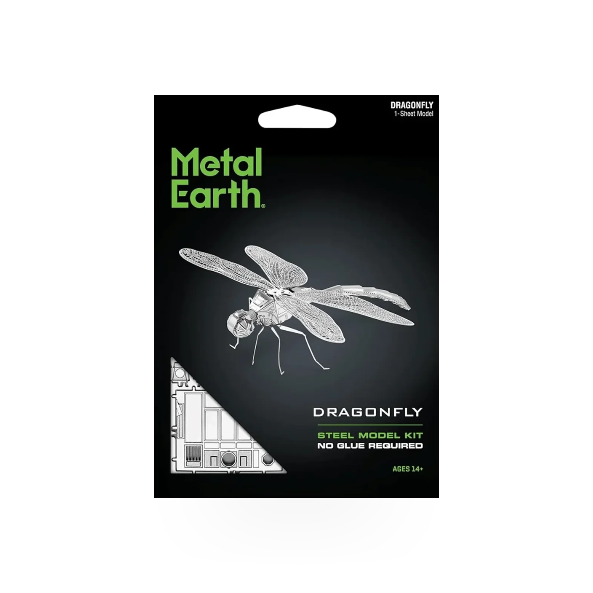 Fascinations Metal Earth Dragonfly toy model, intricately detailed metal craft kit with assembled dragonfly figure.