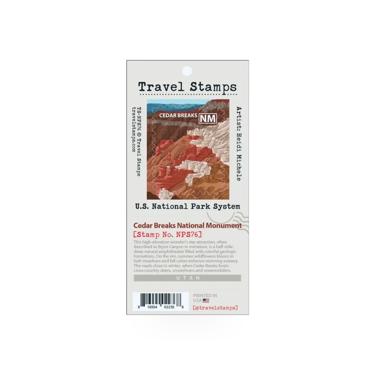 Travel Stamp by Travel Stamps featuring Cedar Breaks National Monument in Virginia, with detailed engravings of the natural landmark.