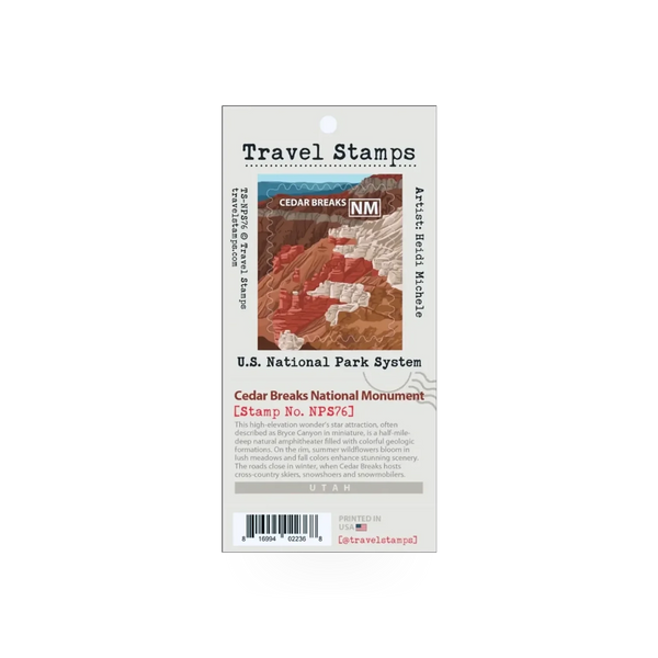 Travel Stamp from Travel Stamps featuring Cedar Breaks National Monument, VA, with detailed illustration of the natural geological formations.