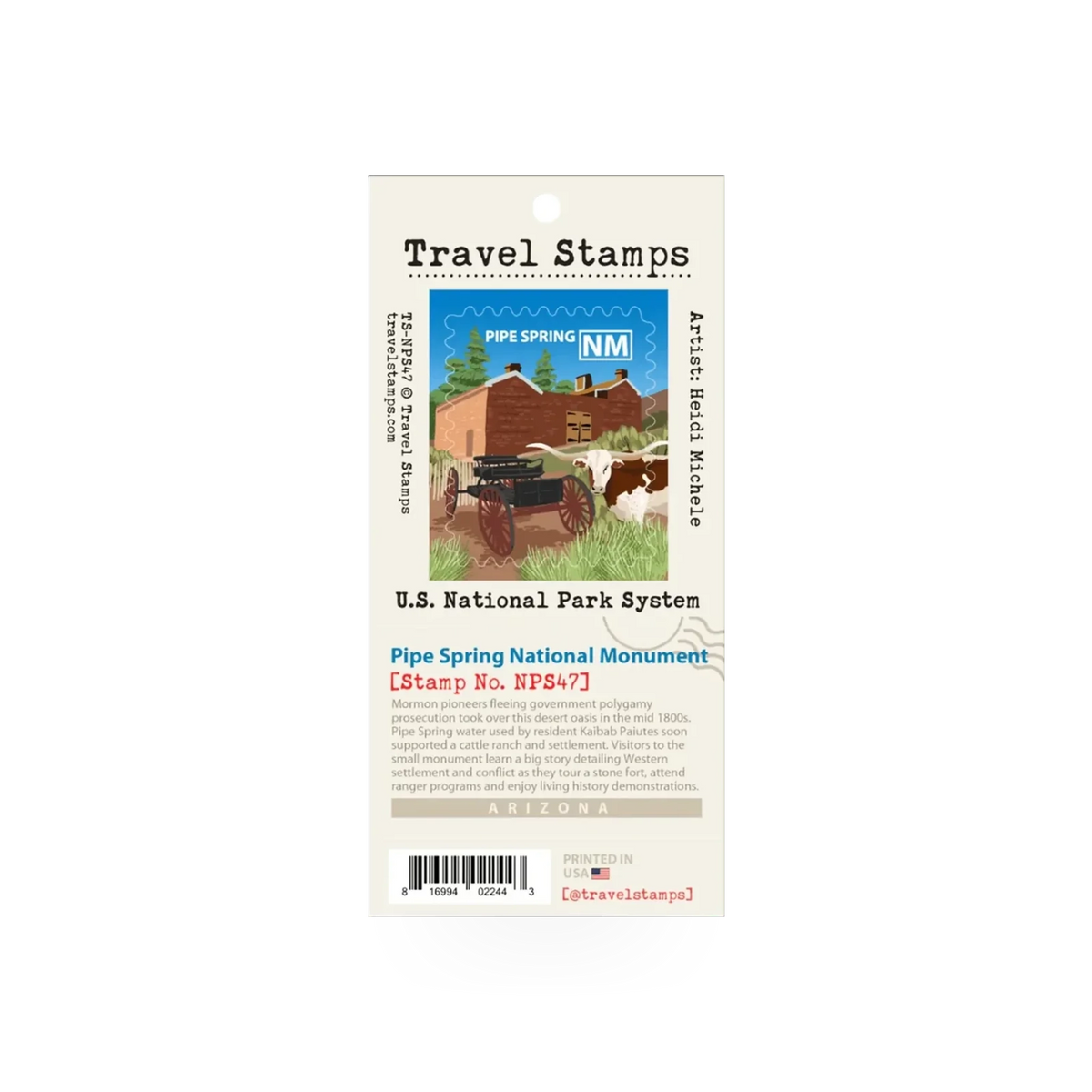 Travel Stamp by Travel Stamps featuring the PISP National Monument, showcasing detailed engraved design on a rectangular rubber stamp.