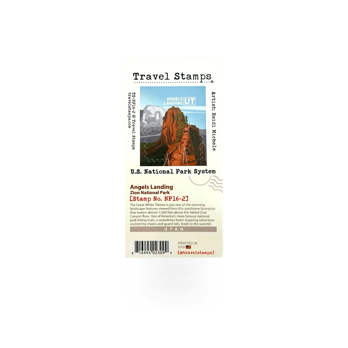 Travel Stamp Zion Angels Landing VA by Travel Stamps featuring a detailed design of Angels Landing in Zion National Park.