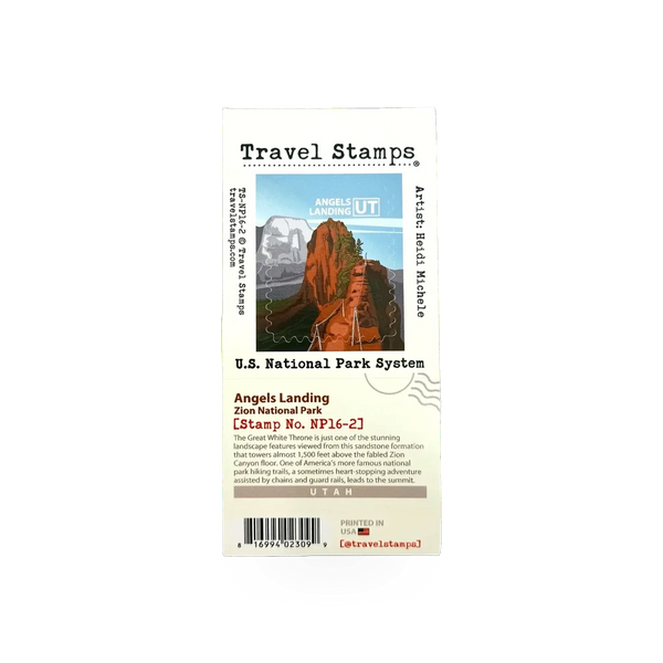 Travel Stamp Zion Angels Landing VA by Travel Stamps featuring a detailed design of Angels Landing trail in Zion National Park.
