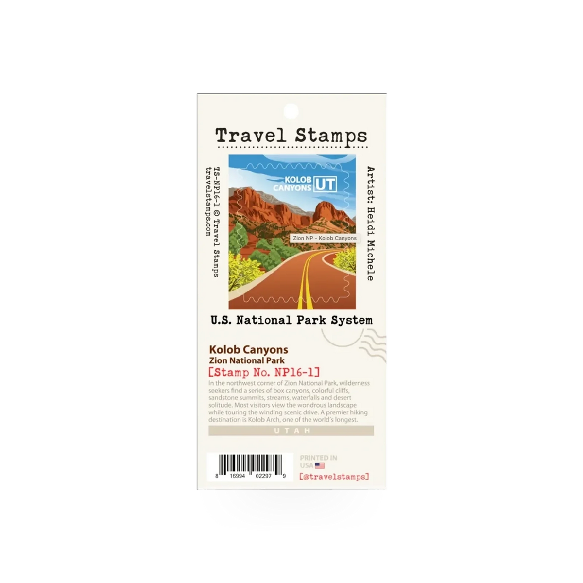 Travel Stamp Zion - Kolob from Travel Stamps, featuring a detailed map design of Zion National Park's Kolob region.