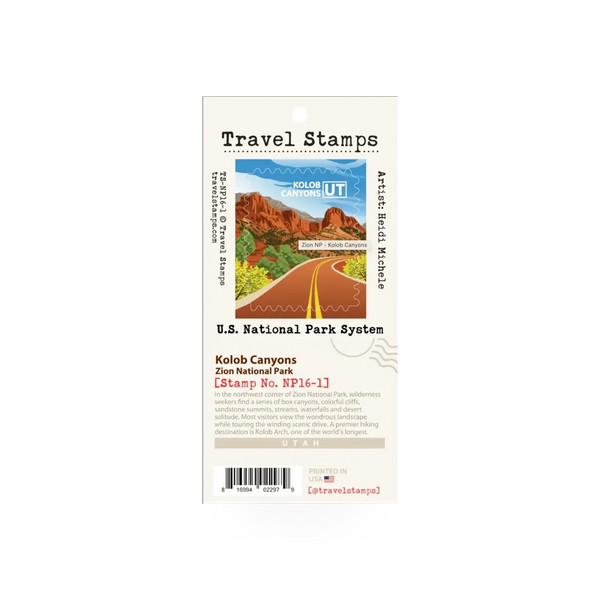 Travel Stamp Zion - Kolob from Travel Stamps, featuring a detailed map design of Zion National Park's Kolob region.