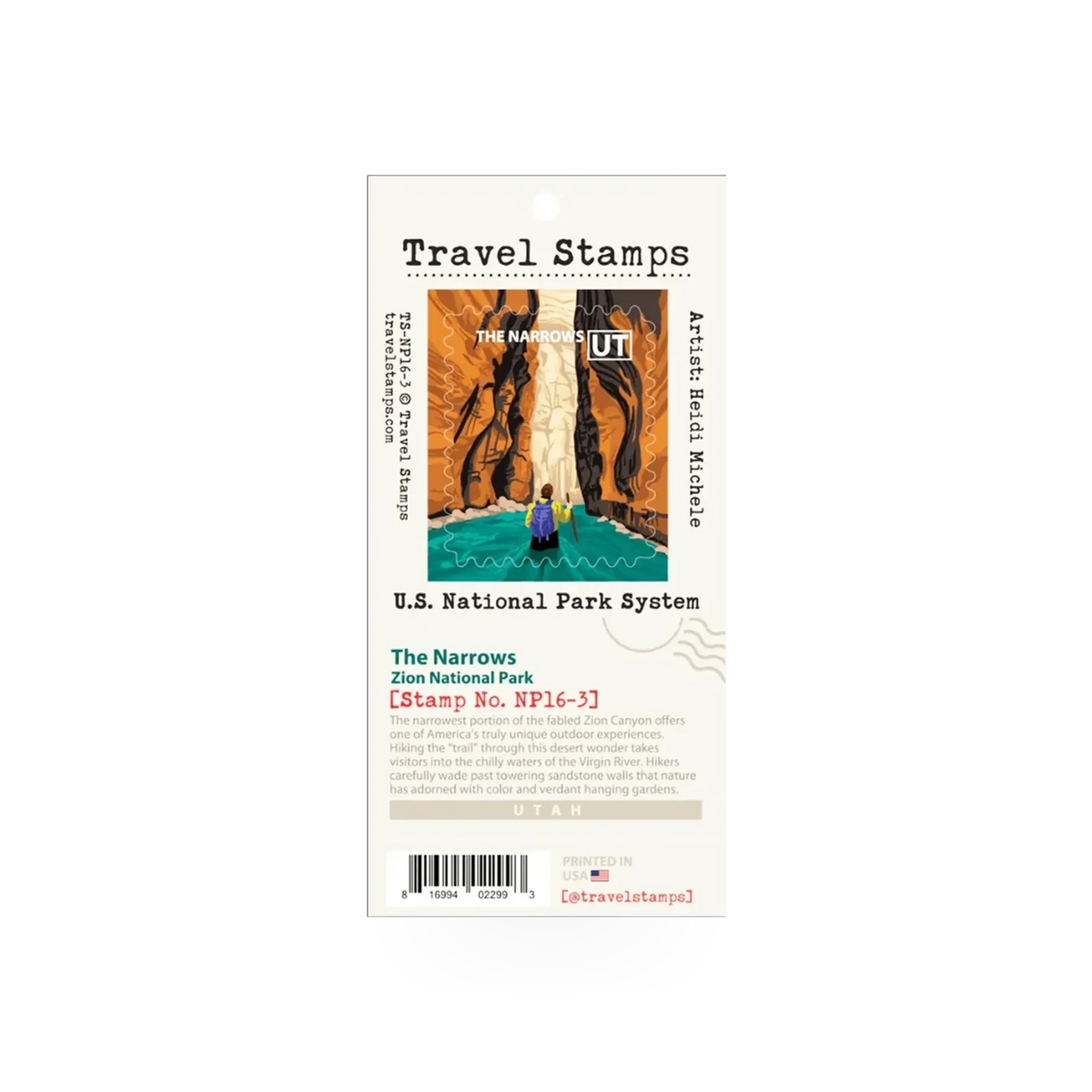 Travel Stamp Zion - The Narrows by Travel Stamps, featuring a detailed design of Zion National Park's iconic canyon scenery.